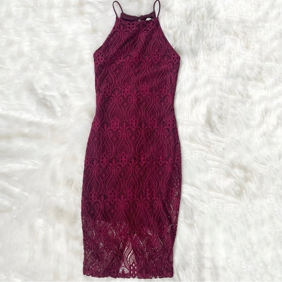 Olive Tree Maroon Red Halter Neck Lace Lined Bodycon Midi Dress Size Small - Picture 1 of 7
